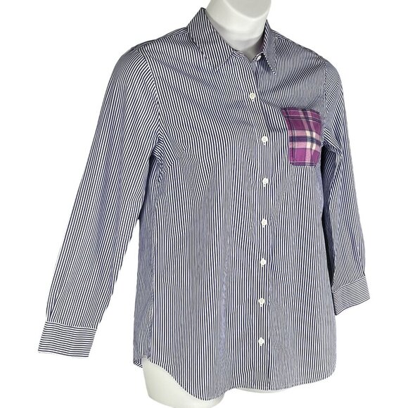 Vineyard Vines Womens 8 Relaxed Fit Purple Striped Button Up Shirt Plaid Pocket - Picture 5 of 15